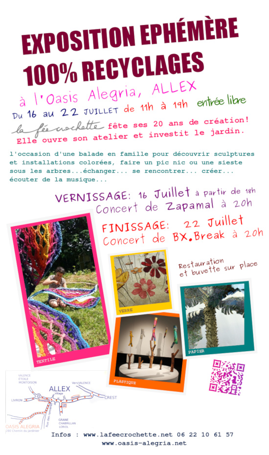 la fee crochette, portes ouvertes, exposition recyclée, art au jardin, oasis alegria, allex, drome