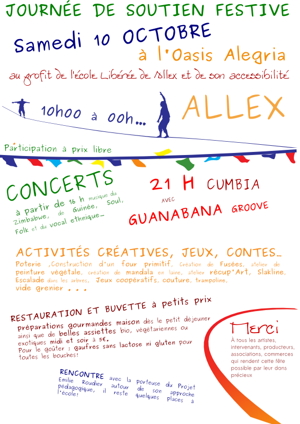 Concerts, Cumbia, Activités créatives, jeux, contes, assietes bio végé, Allex Drôme